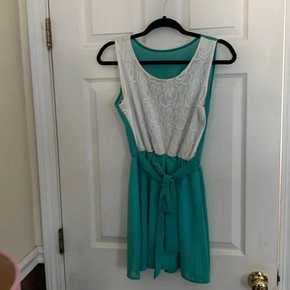 Dresses | Used Sheer Back Turquoise And White Lace Dress | Poshmark
